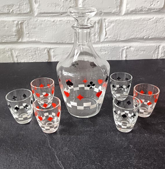 Cristallerie d'Arques 7-piece glass liqueur set, playing card motif, vintage 1960s