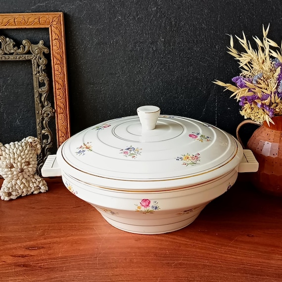 SOUPIÈRE en porcelaine motif fleurs multicolores vintage, Porcelor Ceranord France