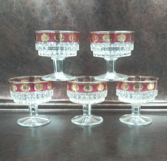5 vintage Champagne CUPS in gold ruby foot glass