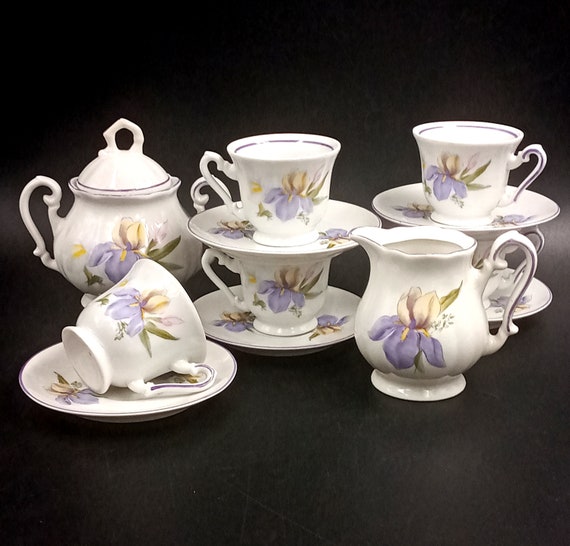 Purple Iris Coffee Set 5 Porcelain Cups
