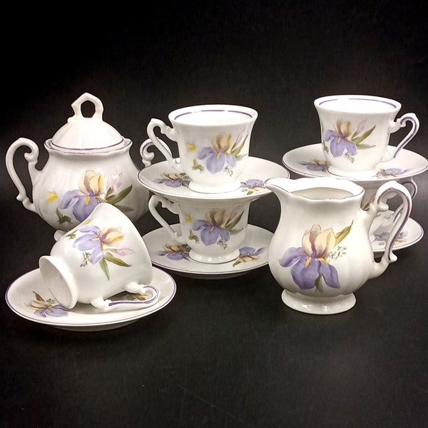 SERVICE à café iris violet 5 tasses en porcelaine