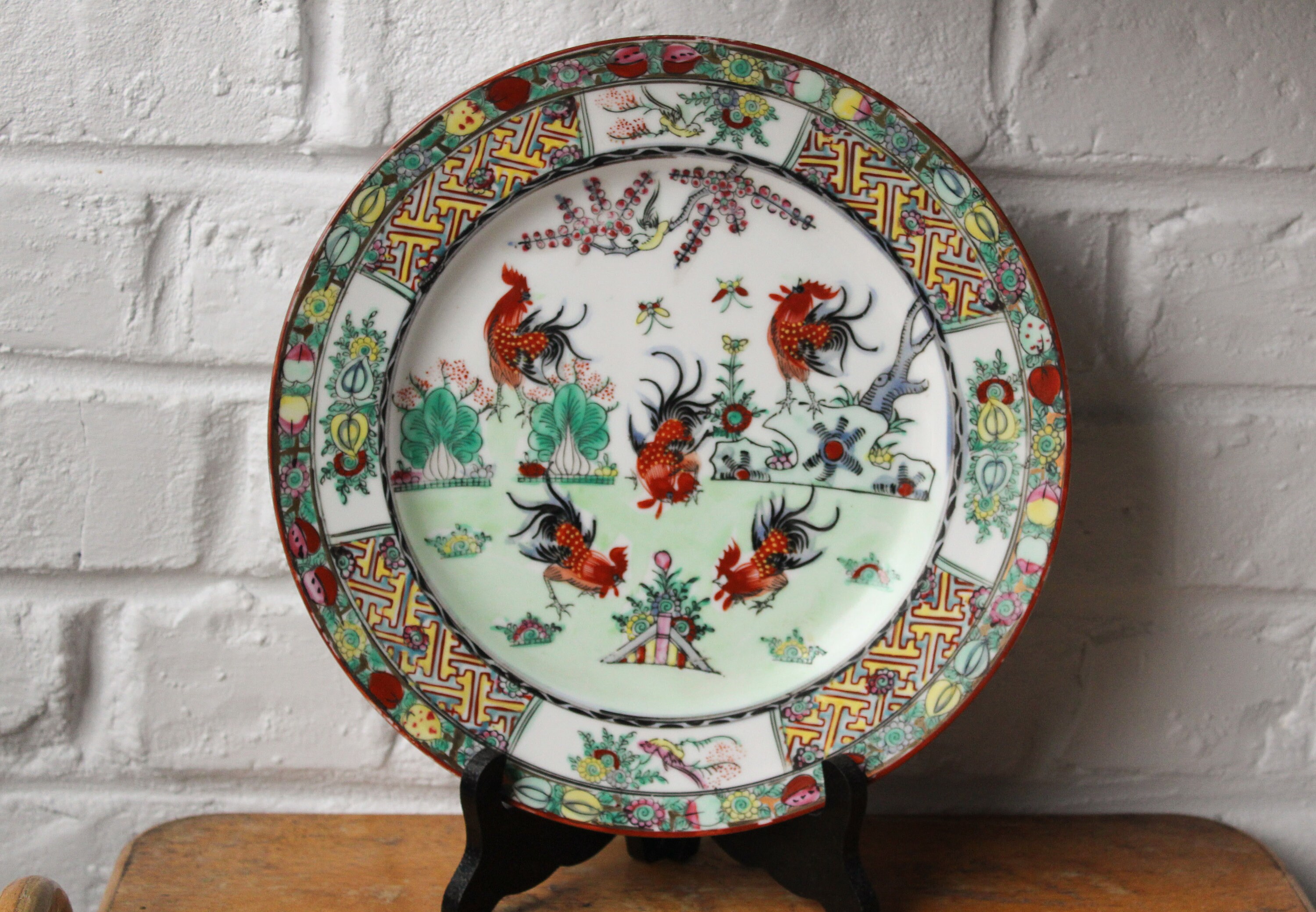 Assiette Porcelaine Décor Coqs Vintage Peinte à La Main Chine