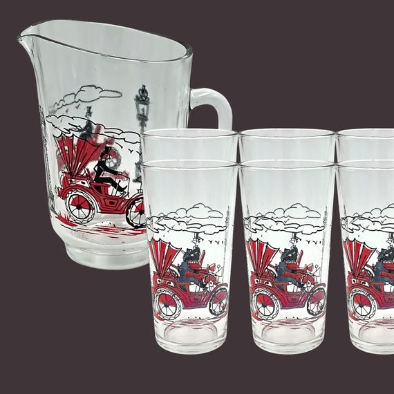 PITCHER and GLASSES set with black and red classic car pattern, automobile and floor lamp in vetravir glass Italy
