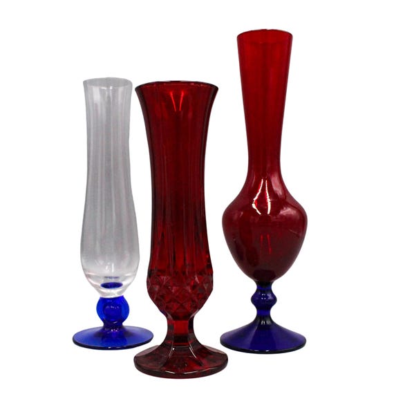 Set of 3 vintage transparent blue and red glass vases