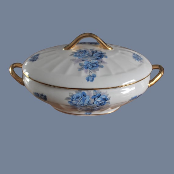 SOUP TUREEN French earthenware with blue flower pattern, vintage vegetable dish in Sologne porcelain