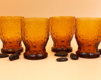 4 grands VERRES gobelet ambrés vintage