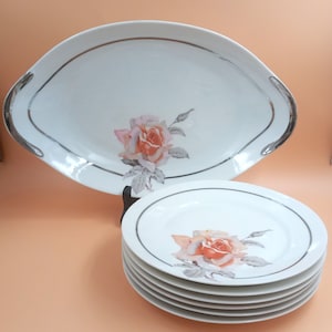 DISH and 6 flat PLATES in porcelain pink orange gray pattern vintage porcelain France