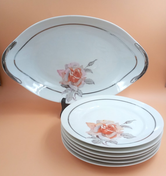 DISH and 6 flat PLATES in porcelain pink orange gray pattern vintage porcelain France