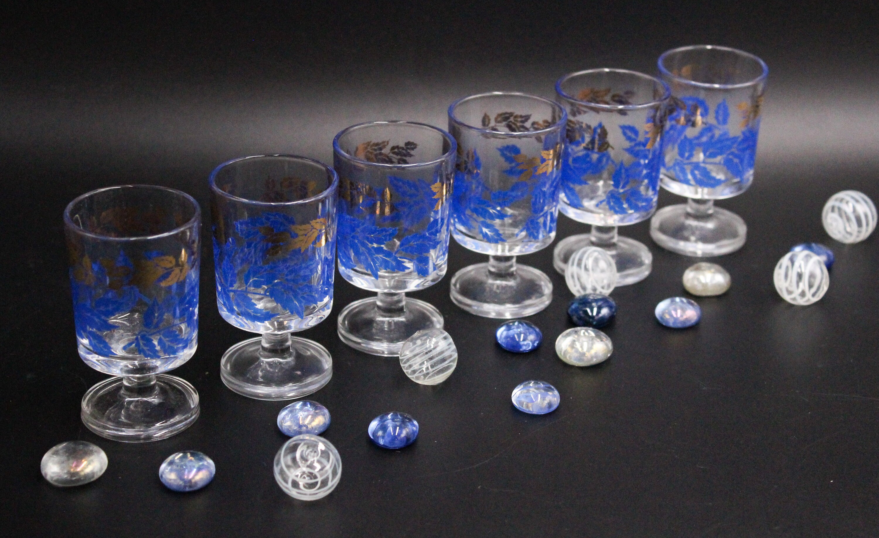 6 Verres Liqueur 4 Cl à Pied Luminarc Modèle Suède N 7 Motif Feuilles Bleues