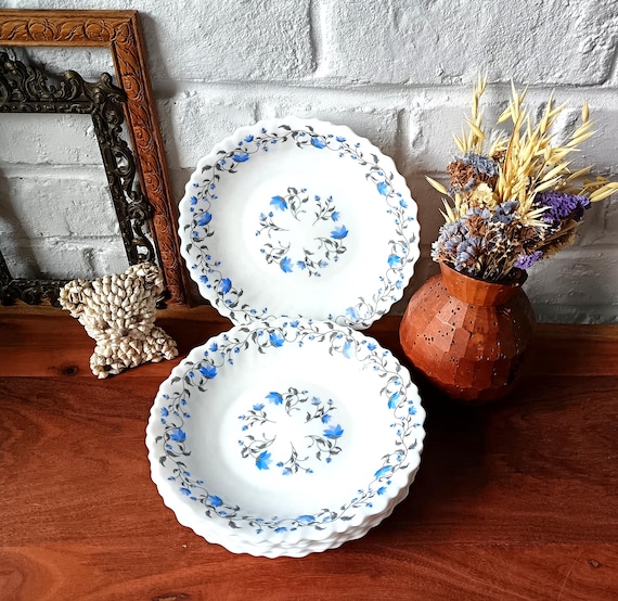 6 opaline glass soup plates with blue flowers