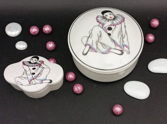 Duo BOXES in Pierrot pattern porcelain, Vintage French pill trinket ring box