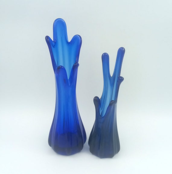 Duo VASES vintage, vintage colored art glass finger vase, retro blue colored glass finger vase
