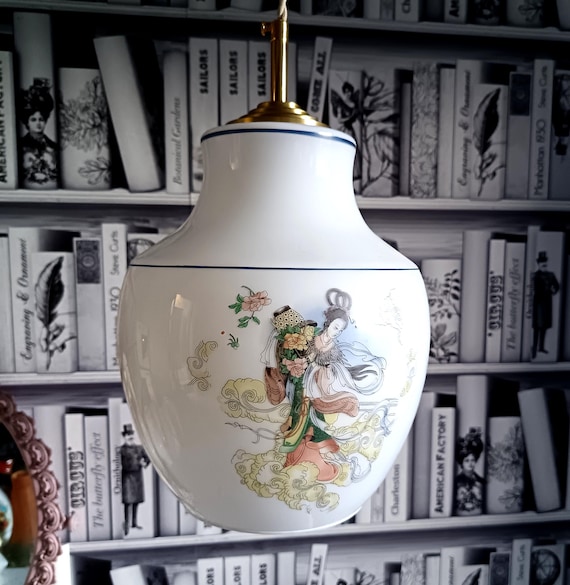 Vintage opaline glass pendant light, multicolored geisha motif, 1960s, ANOUCK pendant light