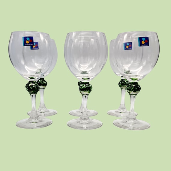 6 VINTAGE GREEN BALL STEMMED WINE GLASSES FRANCE, ARC France