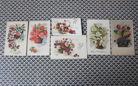 Lot of 6 old holiday postcards (Saint Catherine, Saint Nicholas, etc.) from the 1950s/60s, flowers (CP12)