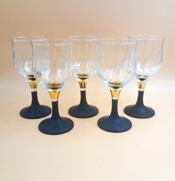 5 vintage wine GLASSES black and gold base