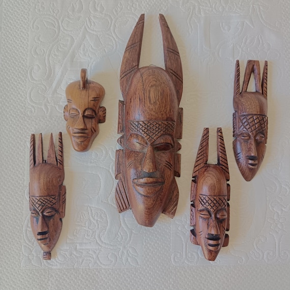 5 small African masks, tribal art, wood carving