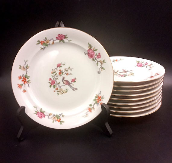 9 vintage French dessert PLATES, pyllivuyt et Cie, France bird of paradise on a flowering branch