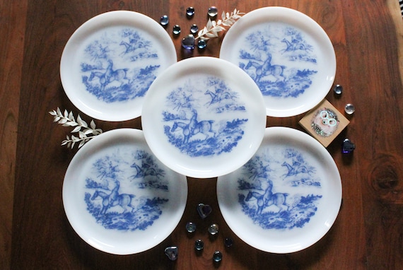 5 flat plates in French opaline Arcopal with horsemen motif