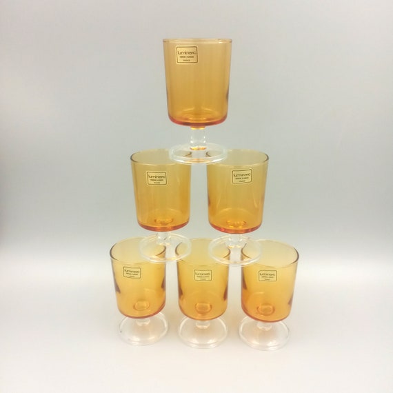 6 GLASSES 10.5 cl with amber stem Swedish model luminarc France n 5
