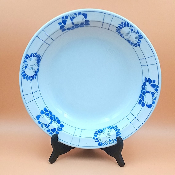 LARGE round Sarreguemines DISH, blue and white fruit decor