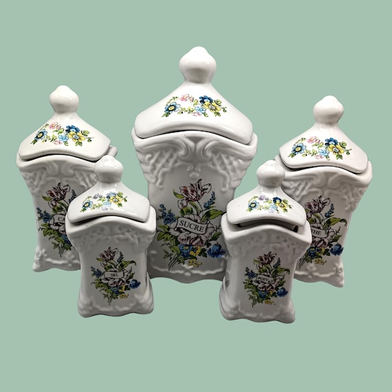 5 porcelain spice boxes with multi-colored floral decor, vintage, shabby, delft