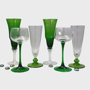 6 Assorted Vintage Green Glasses, Champagne Flutes