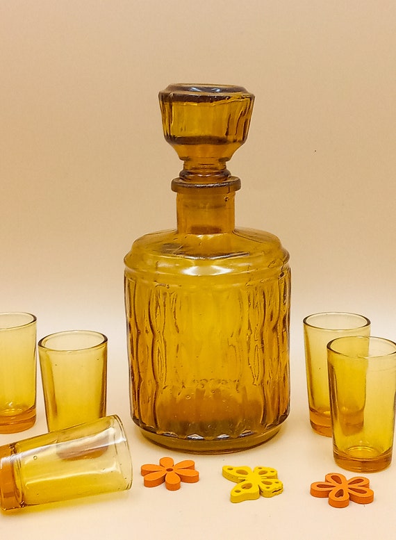 Antique colored glass liqueur set, vintage amber yellow decanter