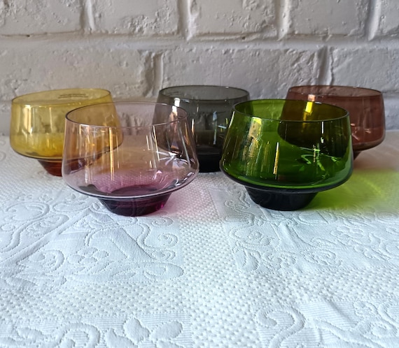 5 vintage colored glass bowls, France, mouth-blown Mikasa