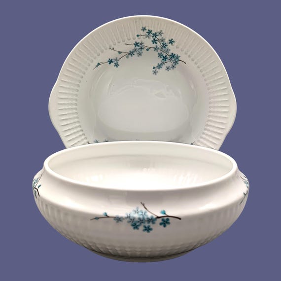 Set of PLATE and SALAD BOWL in white porcelain FD Chauvigny France, forget-me-not motif