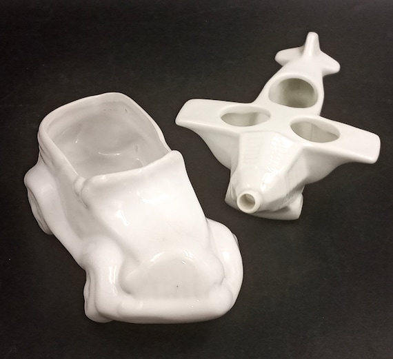 Set of 2 miniature white vintage French car/airplane plant pots