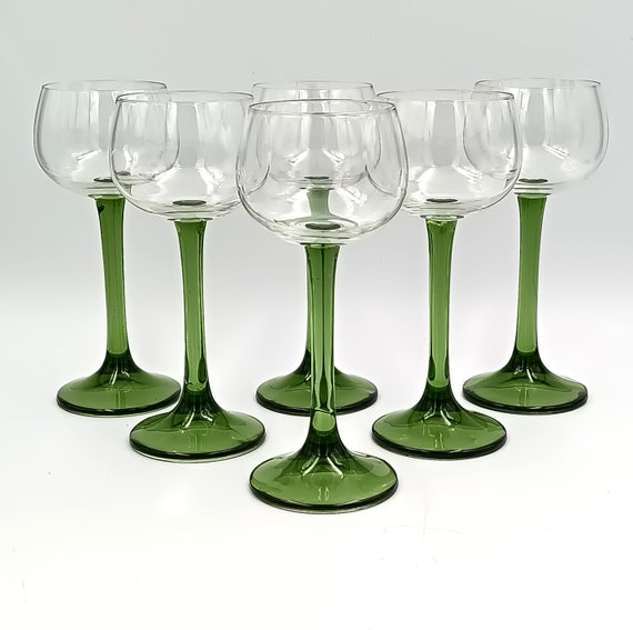 6 elegant khaki green stemmed GLASSES, Rhine wine glass, white wine