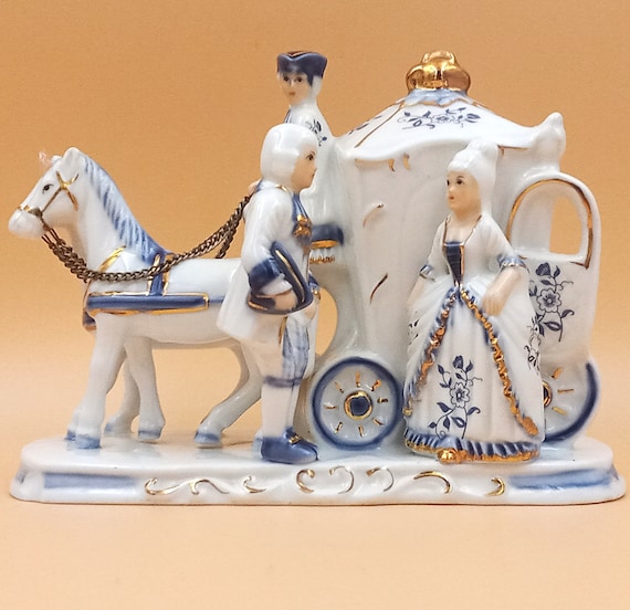PORCELAIN FIGURINE, Horse-drawn chariot, blue porcelain statuette