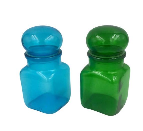 2 vintage green blue JARS, LEVER, Antique bottles, Emerald green glass jars Apothecary