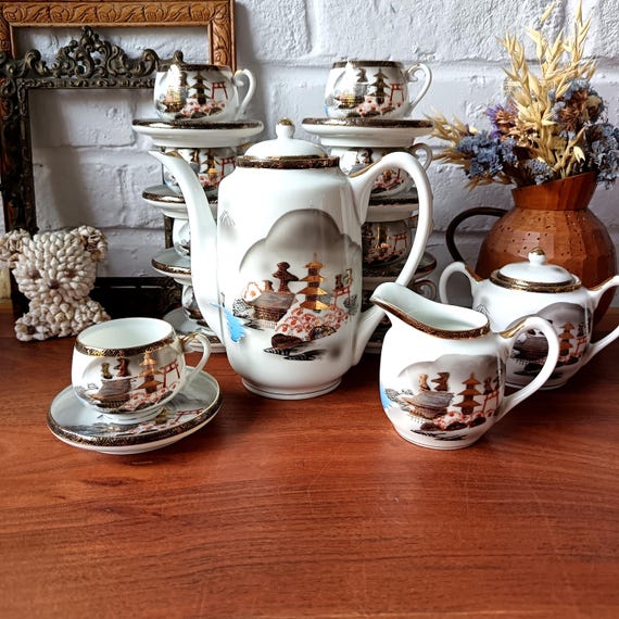 Vintage Kutani Hayasi hand-painted porcelain tea set, 21 pieces, Geisha Lithophane