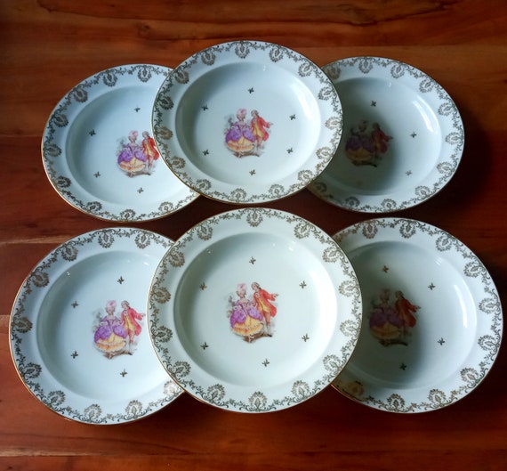 6 hollow porcelain PLATES with gallant scene motif, Limoges Porcelain LP Haute époque model
