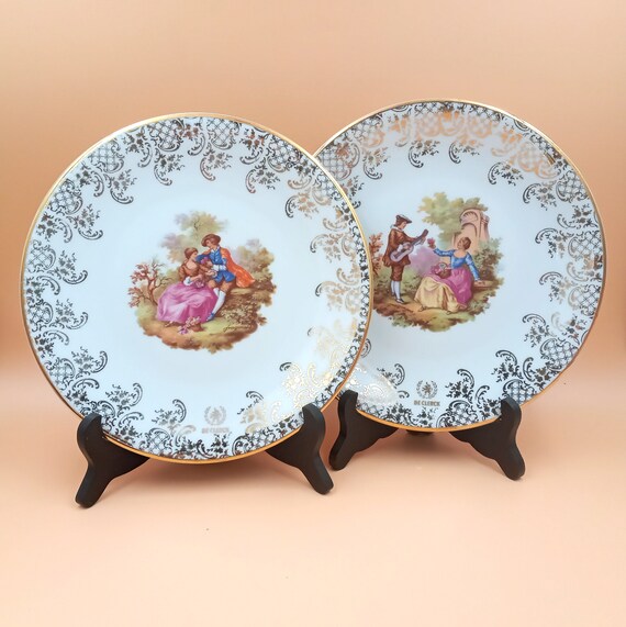Duo PLATES porcelain pattern gallant couples vintage PMR Porcelain