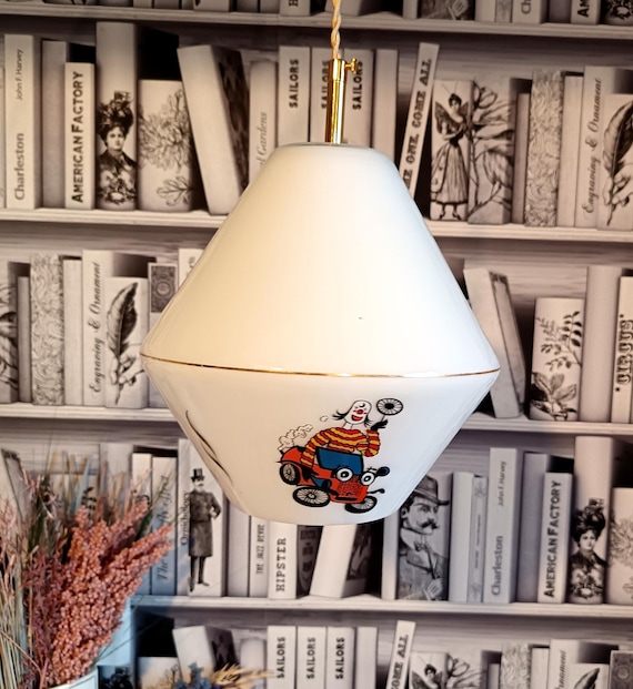 Vintage opaline glass pendant light, multicolored clown motifs, 1960s, LEON pendant light
