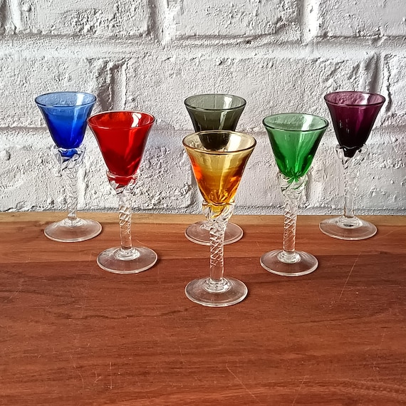 6 pretty vintage harlequin multicolored liqueur glasses