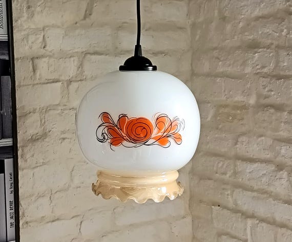 Vintage opaline glass pendant light, multicolored flower patterns from the 60s