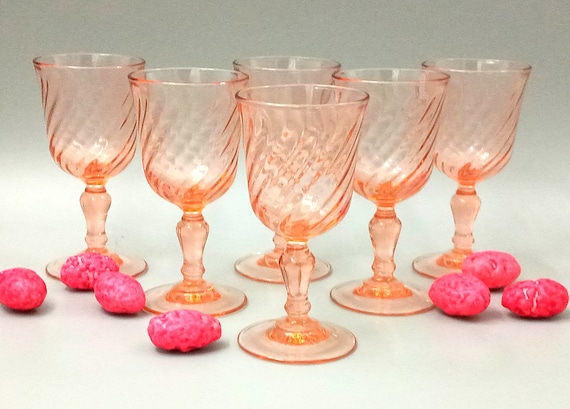 6 GLASSES French liqueur pink footed Vintage model Rosaline 5 cl Luminarc 1970's France