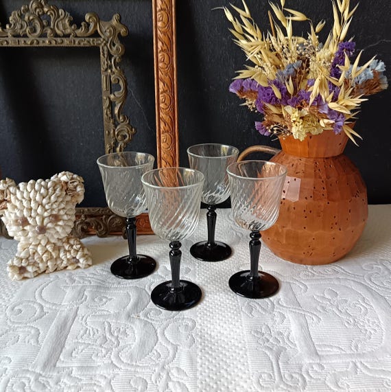 4 black liqueur glasses, vintage Luminarc model, France, 1970s-1980s