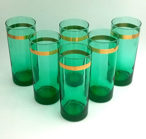6 GLASSES long drink luminarc emerald green and gold vintage France