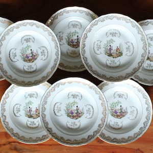 8 ASSIETTES creuses porcelaine motif scène asiatique, vintage, Berry Haute compagnie nationale porcelaine