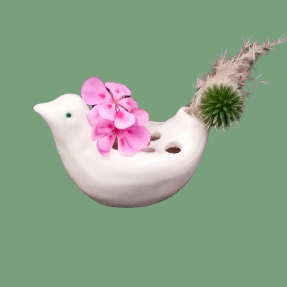 FLOWER STICK white ceramic bird, frog, vintage French vase