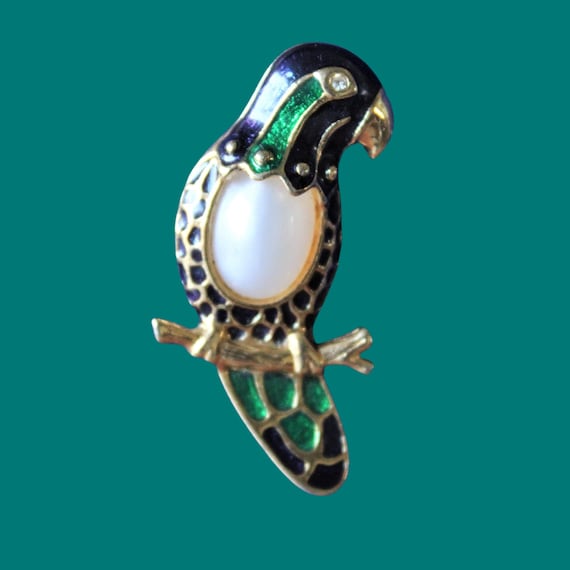 Beautiful blue and green enameled PARROT BROOCH, 80s