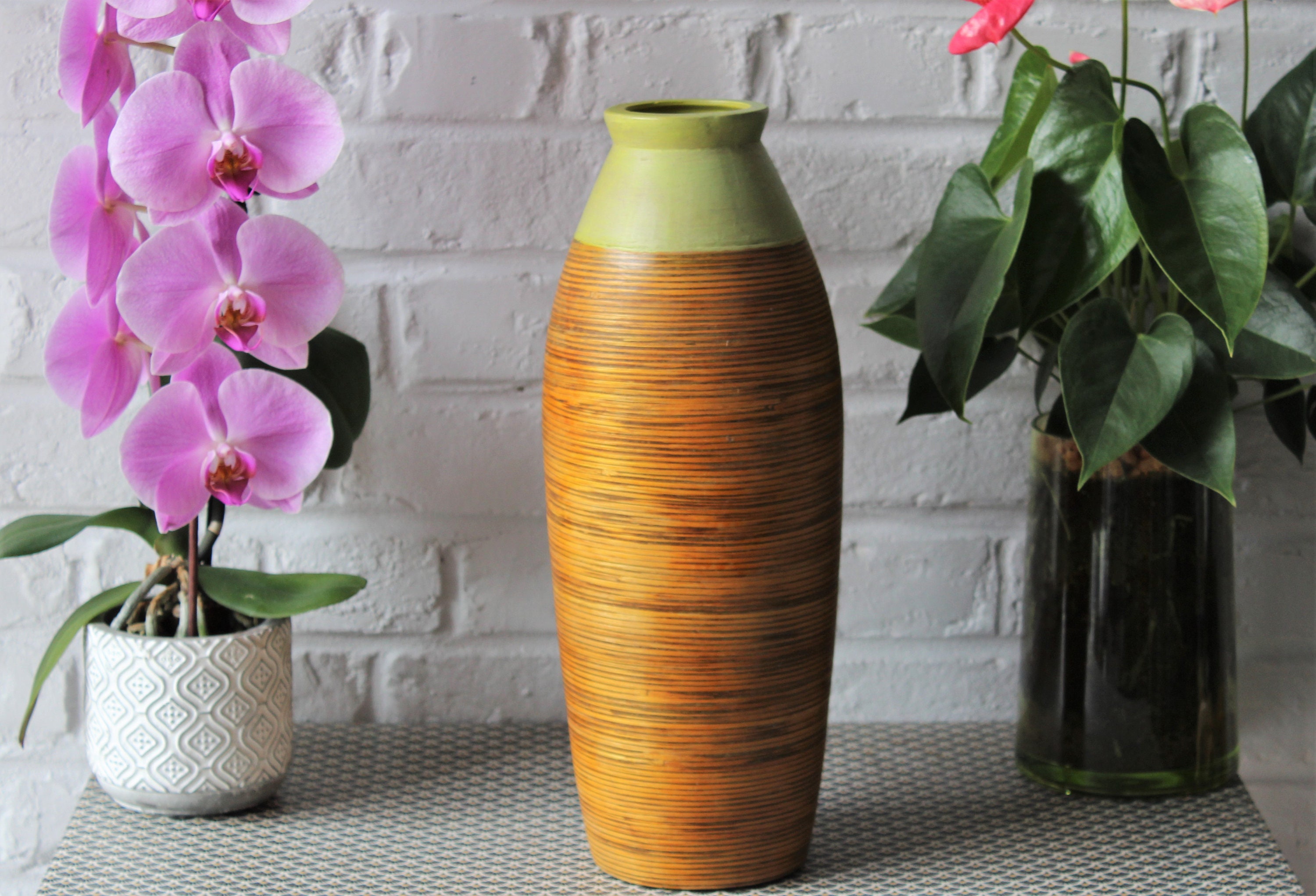 Vase en Céramique, Vert Pomme et Imitation Bois