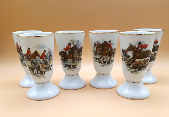 6 vintage MAZAGRANS with equestrian decor, rustic coffee cups from the 1970s