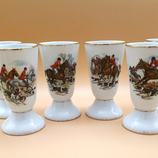 6 vintage MAZAGRANS with equestrian decor, rustic coffee cups from the 1970s