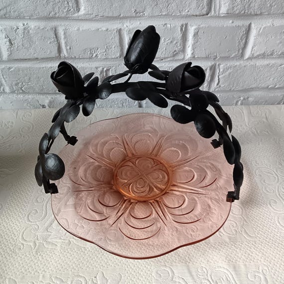 Beautiful vintage pink Art Deco glass and wrought iron platter, centerpiece